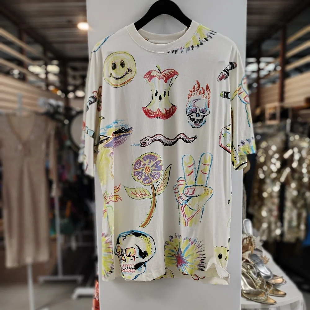 Market Colouring Book Smiley Tee | Size XL | All-Over Print | 100% Cotton